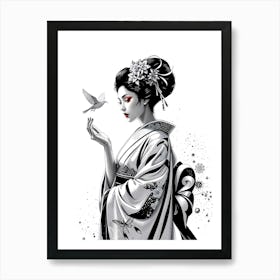 Geisha and Bird Drawing Art Print