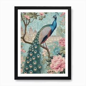 Vintage Floral Peacock With Palace In The Background 2 Art Print