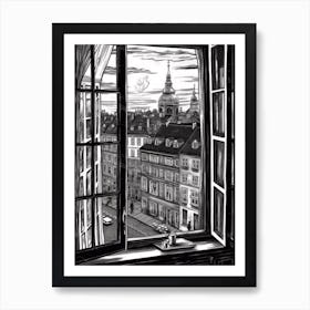 Window View Of Copenhagen Denmark   Black And White Colouring Pages Line Art 4 Art Print