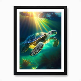 Sea Turtle In Deep Ocean, Sea Turtle Monet Inspired 1 Art Print