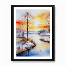 Watercolor Of A Winter Landscape Art Print