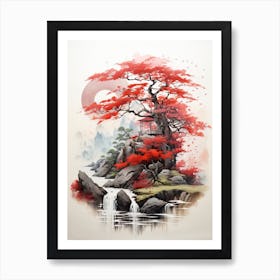 A Red Tree, Japanese Brush Painting, Ukiyo E, Minimal 1 Art Print