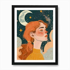 Girl With Moon And Stars 2 Art Print