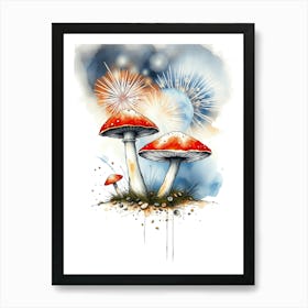 Watercolor Mushroom With Fireworks Art Print