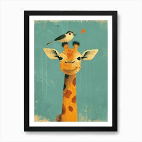 Small Joyful Giraffe With A Bird On Its Head 16 Art Print