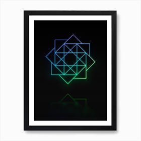Neon Blue and Green Abstract Geometric Glyph on Black n.0468 Art Print