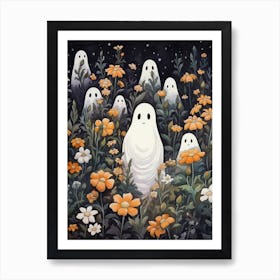 Cute Bedsheet Ghost, Botanical Halloween Watercolour 50 Art Print