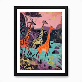 Cute Colourful Giraffes In The Water Art Print