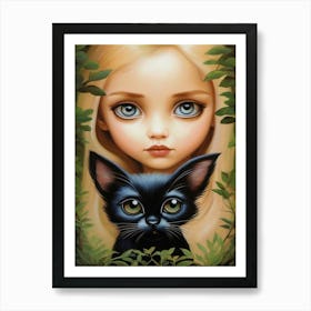 Big Eye Girl With A Black Cat Art Print