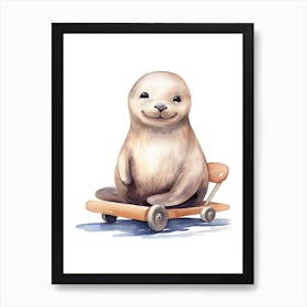 Baby Seal On A Toy Car, Watercolour Nursery 1 Art Print