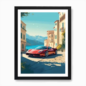 A Ferrari 458 Italia In Amalfi Coast, Italy, Car Illustration 3 Art Print