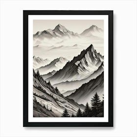 Monochrome Mountain Landscape Art Print (8) Poster