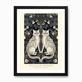 William Morris  Inspired  Classic Cats Blue Floral Art Print