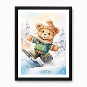 Snowboarding Teddy Bear Painting Watercolour 1 Art Print
