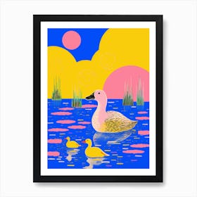 Blue Pink & Yellow Ducklings In The Pond Art Print