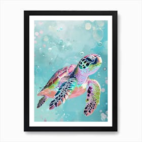 Pastel Sea Turtle In The Ocean With Bubbles 1 Art Print