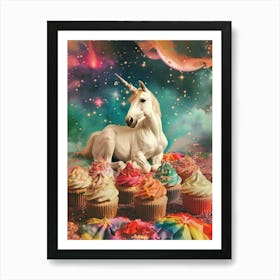 Unicorn In Space With Retro Rainbow Cupcakes Art Print