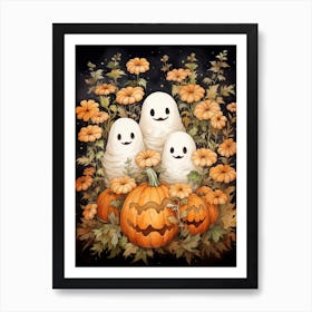 Cute Bedsheet Ghost, Botanical Halloween Watercolour 113 Art Print