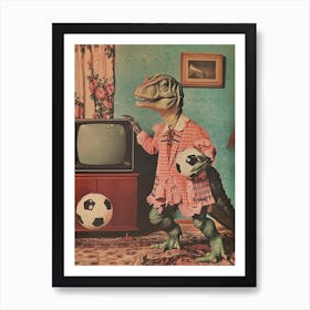 Dinosaur Playing Football Abstract Retro Collage 1 Art Print