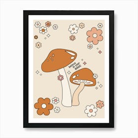 Mushrooms And Flowers Retro 70s Earth Tones Art Print