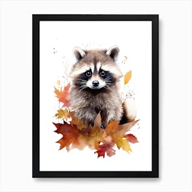 A Raccoon Watercolour In Autumn Colours 2 Art Print