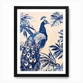 Navy Blue Inspired Peacock With Leaves 1 Art Print