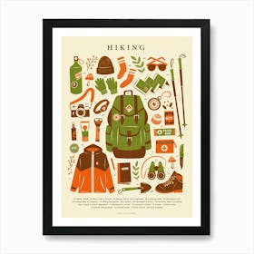 Retro Hiking Kit Art Print in Green, Red and Cream | Vintage Walking Poster | Adventure and Outdoor Nostalgic Graphic Illustration 1 Art Print