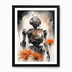 Robot Abstract Orange Flowers Painting (15) Art Print