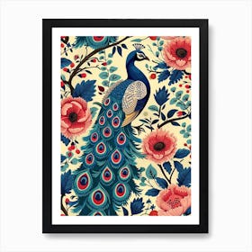Vintage Floral & Pink Peacock Wallpaper Art Print