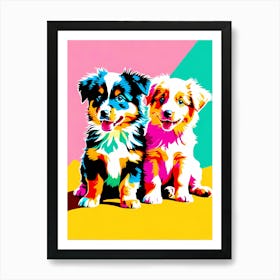 'Australian Shepherd Pups' , This Contemporary art brings POP Art and Flat Vector Art Together, Colorful, Home Decor, Kids Room Decor,  Animal Art, Puppy Bank - 6th Art Print