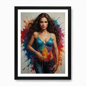 Beautiful Girl With Colorful Paint Splashes Art Print