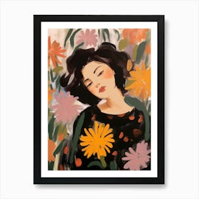 Woman With Autumnal Flowers Calendula 2 Art Print