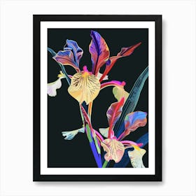 Neon Flowers On Black Iris 4 Art Print