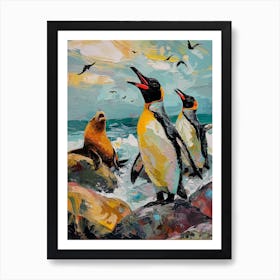 King Penguin Sea Lion Island Colour Block Painting 4 Art Print
