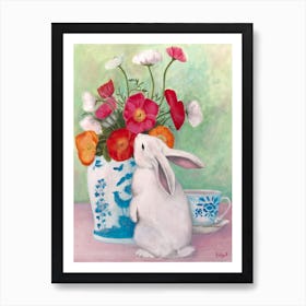 Chinoiserie Rabbit And Anemones Art Print