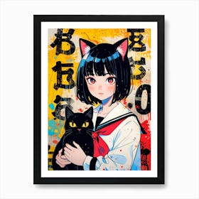 Sakura Girl With Black Cat Art Print