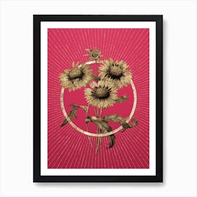 Gold Blanket Flowers Glitter Ring Botanical Art on Viva Magenta n.0206 Art Print