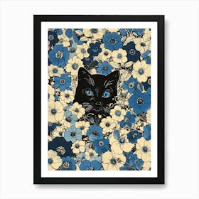 Black Cat In Blue Flowers 8 Art Print