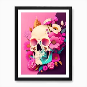 Skull With Pop Art Influences Pink Vintage Floral Art Print