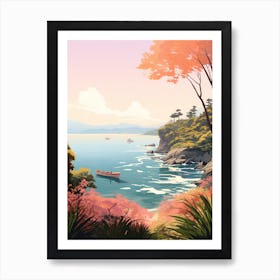 An Illustration In Pink Tones Of A Boat And Trees Overlooking The Ocean 3 Art Print