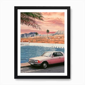 Pink Vintage Car In Front Of The Pool With Palm Trees Art Print