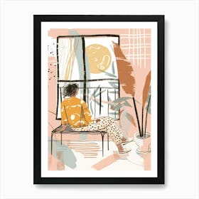 Illustration Of A Woman Looking Out The Window Art Print