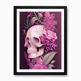Skull With Intricate Linework Pink Botanical Art Print