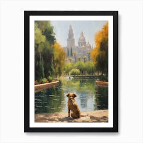 A Painting Of A Dog In Parque Del Retiro Gardens, Spain In The Style Of Impressionism 03 Art Print