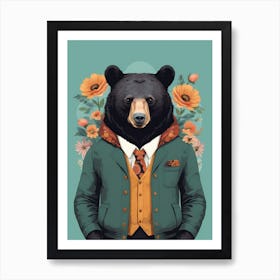 Floral Black Bear Portrait In A Suit (28) Art Print