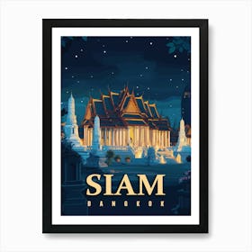 Vintage Siam Bangkok Temples Travel Poster Art Print