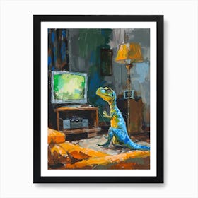 Dinosaur Watching Tv Blue Green Orange 3 Art Print