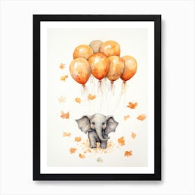 Elephant Flying With Autumn Fall Pumpkins And Balloons Watercolour Nursery 5 Art Print