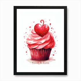 Red Heart Cupcake Watercolor Sweet Valentine Art Print