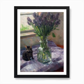 Flower Vase Lavender With A Cat 3 Impressionism, Cezanne Style Art Print